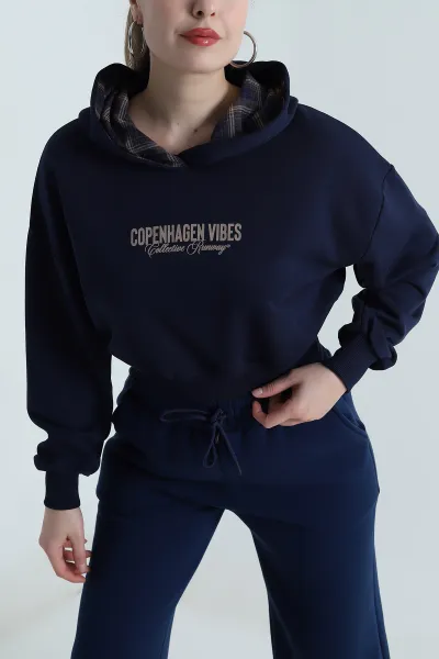 Lacivert Şardonsuz Üç İp Kadın Fermuarsız Sweat 496404