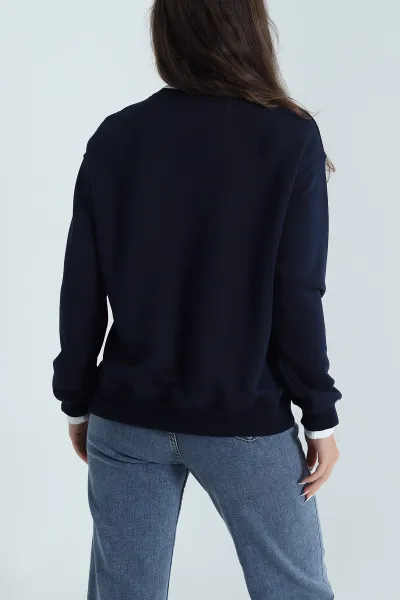 Lacivert Şardonsuz Üç İp Nakışlı Kadın Sweat 489976