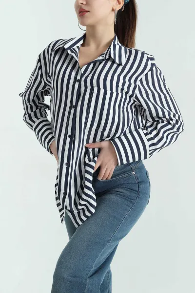 Lacivert Saten Dokuma Geçişli Oversize Gömlek 334917