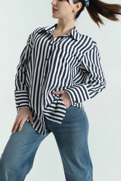 Lacivert Saten Dokuma Geçişli Oversize Gömlek 334917