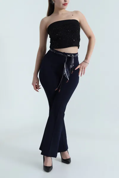Lacivert Saten Kemer Detay Örme Jakarlı İspanyol Kadın Pantolon 489847