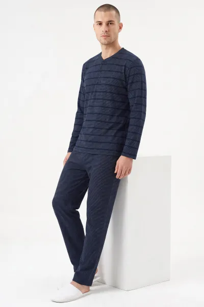 Lacivert Selanik Düğme Detaylı Uzun Kollu Erkek Pijama Takımı 495427