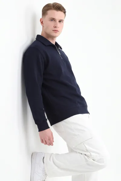 Lacivert Selanik Yarım Fermuarlı Polo Yaka Erkek Sweatshirt 494485