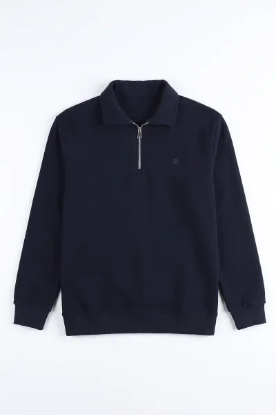 Lacivert Selanik Yarım Fermuarlı Polo Yaka Erkek Sweatshirt 494485