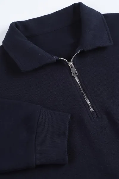 Lacivert Selanik Yarım Fermuarlı Polo Yaka Erkek Sweatshirt 494485