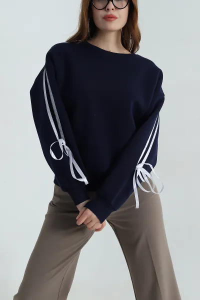 Lacivert Şerit Detay Şardonlu Üç İp Kadın Sweat 413799