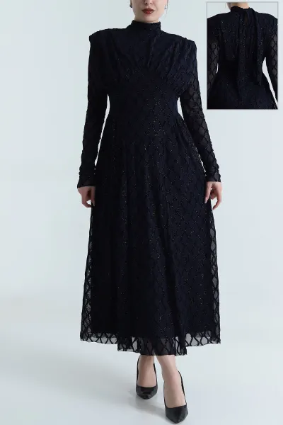 Lacivert Simli Flok Baskılı Tül Kadın Elbise 491898