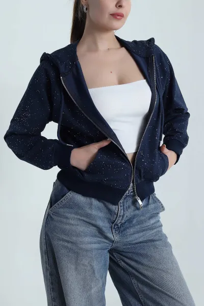 Lacivert Sİmli İki İp Kadın Fermuarlı Sweat 488570