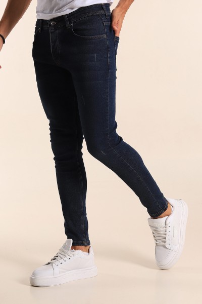 Lacivert Skinny Fit Likralı Taşlama Detaylı Erkek Kot Pantolon 194709