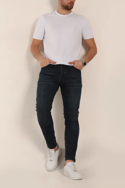 Lacivert Skinny Fit Yıkamalı Taşlama Detaylı Erkek Kot Pantolon 354416