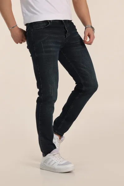 Lacivert Skinny Fit Yıkamalı Taşlama Detaylı Erkek Kot Pantolon 354465