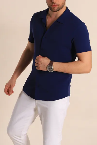 Lacivert Slim Fit Apaş Yaka Erkek Krep Gömlek 260929