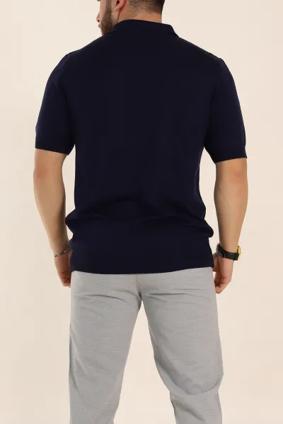 Lacivert Slim Fit Baklava Desenli Polo Yaka Kısa Kollu Erkek Triko Tişört 338902