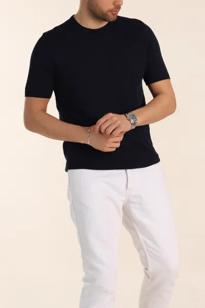 Lacivert Slim Fit Basic Kısa Kollu Triko Tişört 338595