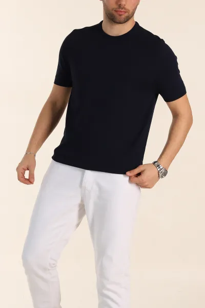 Lacivert Slim Fit Basic Kısa Kollu Triko Tişört 338595