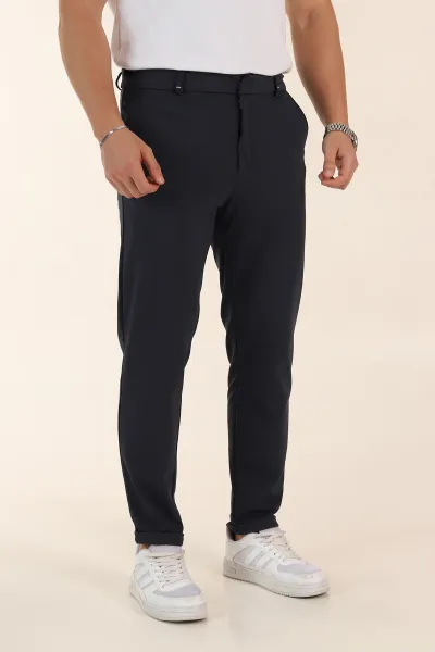 Lacivert Slim Fit Bel Arkası Lastikli Duble Paça Erkek Yazlık Kumaş Pantolon 365846