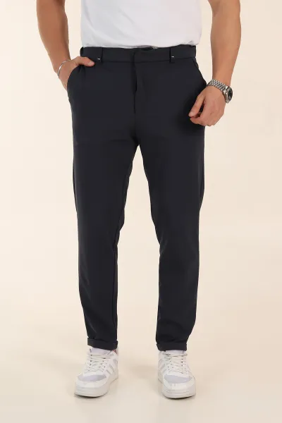 Lacivert Slim Fit Bel Arkası Lastikli Duble Paça Erkek Yazlık Kumaş Pantolon 365846