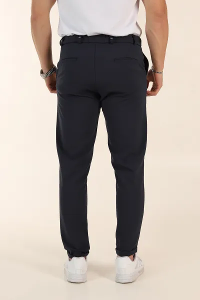 Lacivert Slim Fit Bel Arkası Lastikli Duble Paça Erkek Yazlık Kumaş Pantolon 365846
