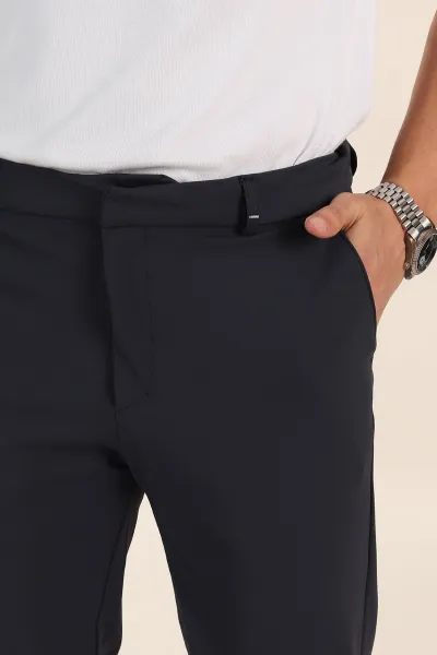 Lacivert Slim Fit Bel Arkası Lastikli Duble Paça Erkek Yazlık Kumaş Pantolon 365846