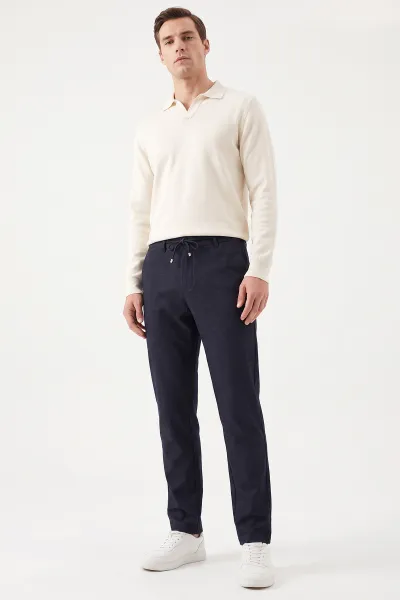 Lacivert Slim Fit Belden Bağlamalı Erkek Pantolon 493148