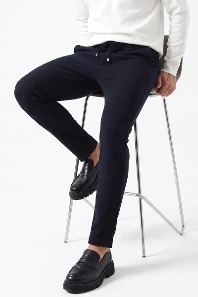 Lacivert Slim Fit Belden Bağlamalı Erkek Pantolon 493197