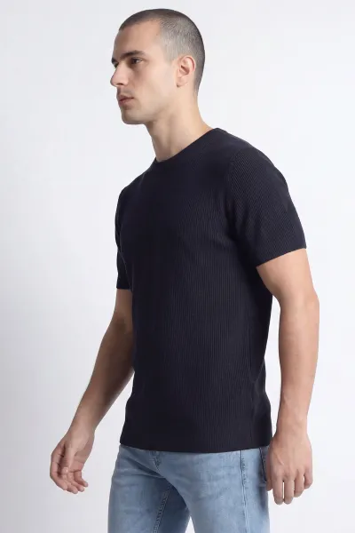 Lacivert Slim Fit Bisiklet Yaka Triko Erkek Tişört 449043
