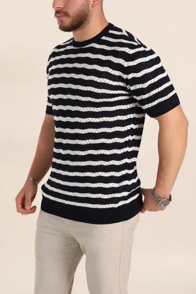 Lacivert Slim Fit Çizgili Bisiklet Yaka Erkek Triko Tişört 358311