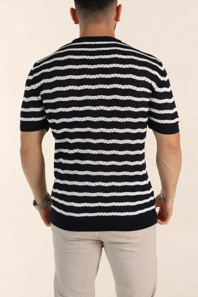 Lacivert Slim Fit Çizgili Bisiklet Yaka Erkek Triko Tişört 358311