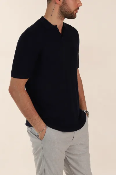 Lacivert Slim Fit Desenli Düğmeli Polo Yaka Erkek Tişört 358318