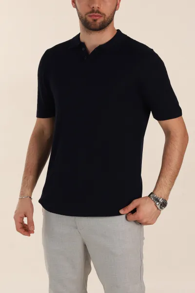 Lacivert Slim Fit Desenli Düğmeli Polo Yaka Erkek Tişört 358318