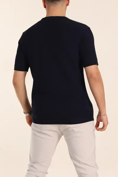 Lacivert Slim Fit Dokulu Basic Kısa Kollu Erkek Triko Tişört 338601