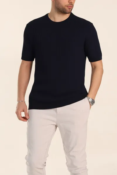 Lacivert Slim Fit Dokulu Basic Kısa Kollu Erkek Triko Tişört 338601
