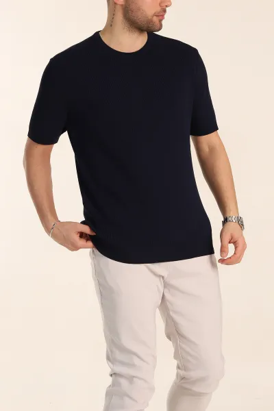 Lacivert Slim Fit Dokulu Basic Kısa Kollu Erkek Triko Tişört 338601