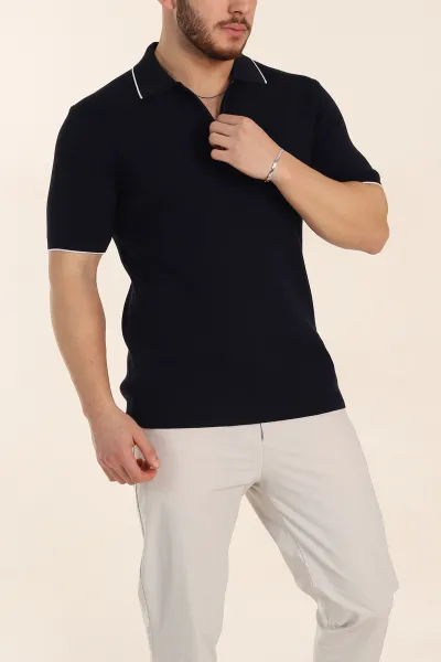 Lacivert Slim Fit Dokulu Fermuarlı Polo Yaka Kısa Kollu Erkek Triko Tişört 338618