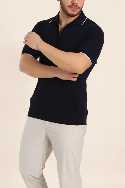 Lacivert Slim Fit Dokulu Fermuarlı Polo Yaka Kısa Kollu Erkek Triko Tişört 338618