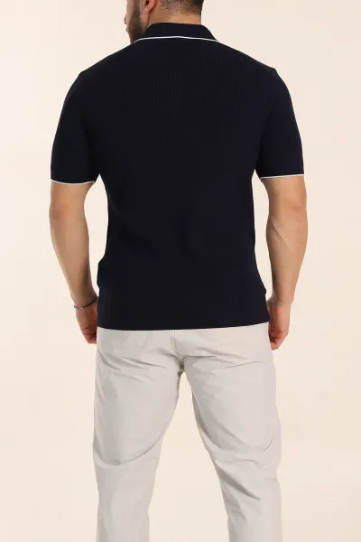 Lacivert Slim Fit Dokulu Fermuarlı Polo Yaka Kısa Kollu Erkek Triko Tişört 338618