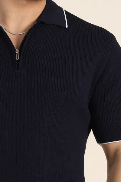 Lacivert Slim Fit Dokulu Fermuarlı Polo Yaka Kısa Kollu Erkek Triko Tişört 338618