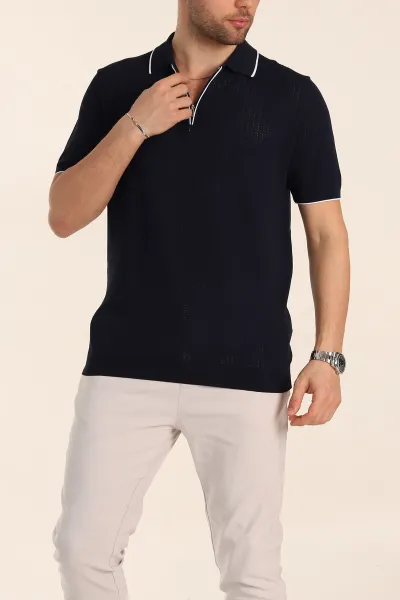 Lacivert Slim Fit Fermuarlı Polo Yaka Kısa Kollu Erkek Triko Tişört 338564