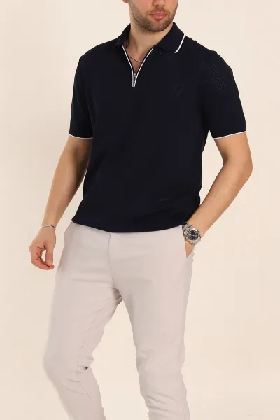 Lacivert Slim Fit Fermuarlı Polo Yaka Kısa Kollu Erkek Triko Tişört 338564