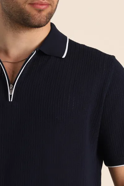 Lacivert Slim Fit Fermuarlı Polo Yaka Kısa Kollu Erkek Triko Tişört 338564