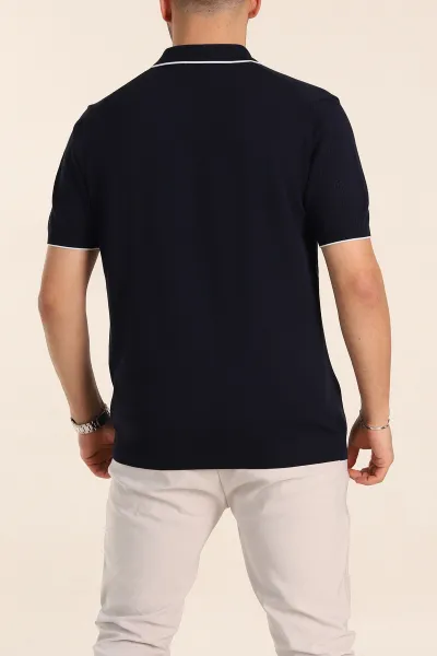 Lacivert Slim Fit Fermuarlı Polo Yaka Kısa Kollu Erkek Triko Tişört 338564