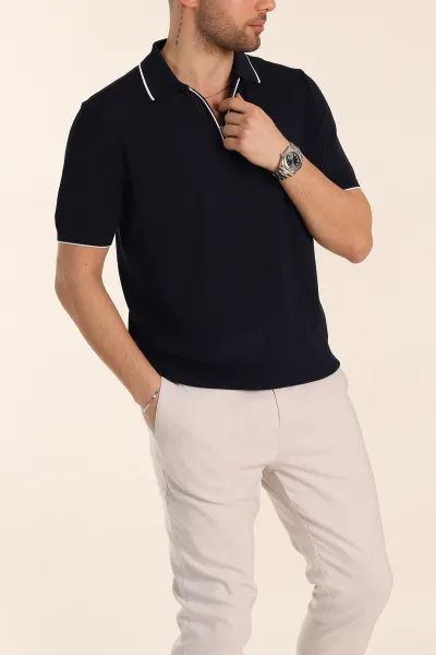 Lacivert Slim Fit Fermuarlı Polo Yaka Kısa Kollu Erkek Triko Tişört 338564