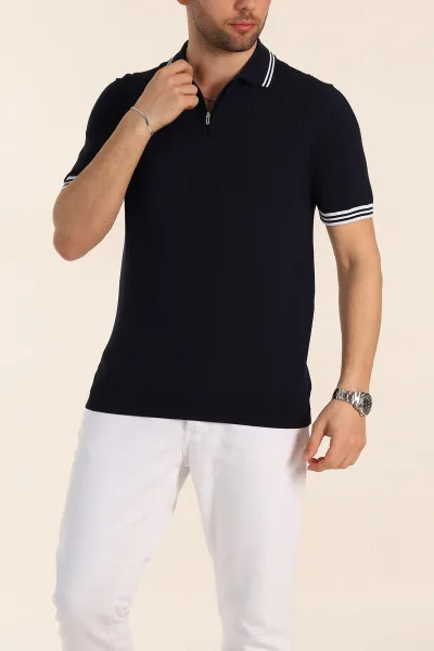 Lacivert Slim Fit Likralı Fermuarlı Polo Yaka Kısa Kollu Triko Tişört 338554