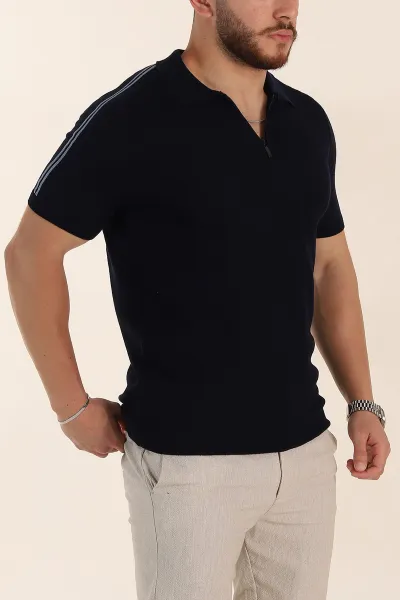 Lacivert Slim Fit Omuz Şerit Detaylı Fermuarlı Polo Yaka Erkek Triko Tişört 358399