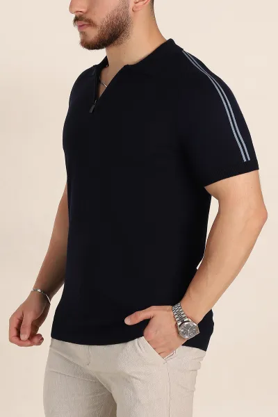 Lacivert Slim Fit Omuz Şerit Detaylı Fermuarlı Polo Yaka Erkek Triko Tişört 358399