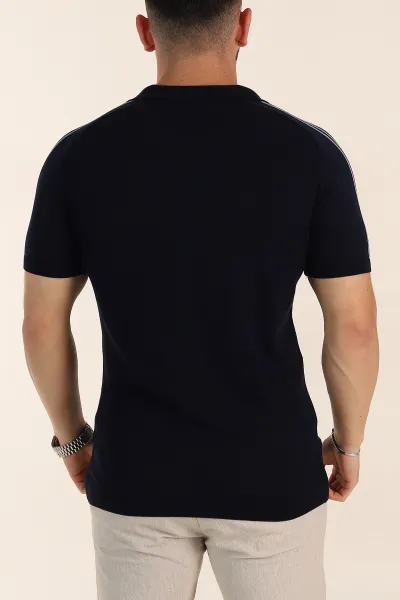 Lacivert Slim Fit Omuz Şerit Detaylı Fermuarlı Polo Yaka Erkek Triko Tişört 358399