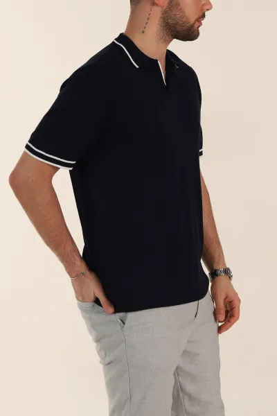Lacivert Slim Fit Patlı Polo Yaka Erkek Triko Tişört 358352