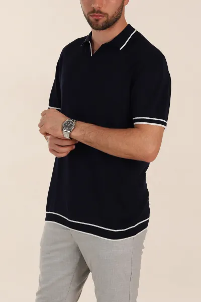 Lacivert Slim Fit Patlı Polo Yaka Erkek Triko Tişört 358352
