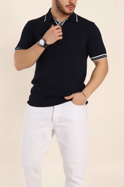 Lacivert Slim Fit Patlı Polo Yaka Kısa Kollu Erkek Triko Tişört 338582