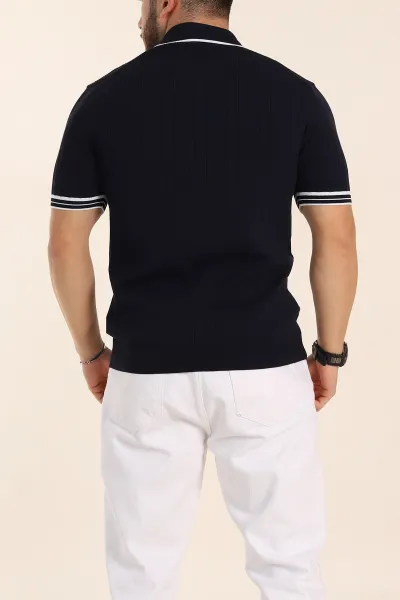 Lacivert Slim Fit Patlı Polo Yaka Kısa Kollu Erkek Triko Tişört 338582